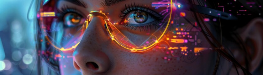 portrait of a beautiful woman wearing glasses with neon lights reflecting on her face