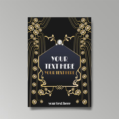 Modern Art Nuevo luxury template golden-black, A4 page, menu, card, invitation, lines flowers and city lights