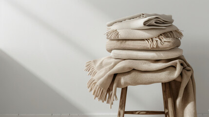 A stack of warm neutral beige blankets placed neatly on top of a wooden stool