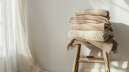 Neutral beige blankets neatly stacked on top of a wooden stool