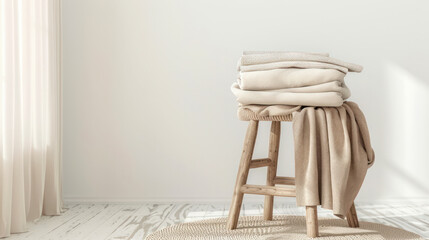 A stack of warm neutral beige blankets neatly arranged on top of a wooden stool