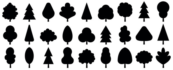 Black tree vector icon set. Flat trees set, pines, spruces, conifers. Tree simple different logo design elements. Vector illustration