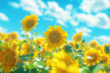 A vast field of bright yellow sunflowers under a clear blue sky