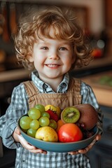 Fototapeta premium the child is holding a bowl of fresh berries and fruits
