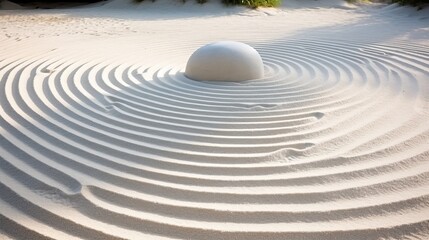 Naklejka premium Tranquil zen garden with intricate circular patterns in white sand seen from a top down perspective