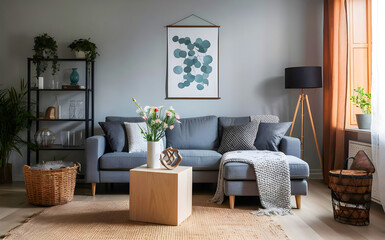 Interior design of scandinavian eucalyptus living room with gray sofa, wooden cube, flowers in vase, sculpture, pillow, plaid and personal accessories. Stylish home decor. Template. Copy space 