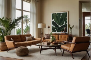 Fototapeta premium Inviting Living Room Warm Colored Furniture , couch and chair in a living room, bay window, apartment