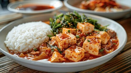 Small portion of dubu kimchi with pork and tofu with rice in a white plate on a wooden table. Generative AI.