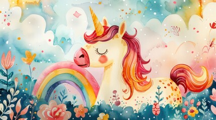 A beautiful watercolor painting of a unicorn lying in a field of flowers. The unicorn is white with a pink mane and tail, and a golden horn. It is surrounded by colorful flowers and a rainbow. The bac