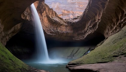 A waterfall flowing through a canyon carved by tim upscaled 2