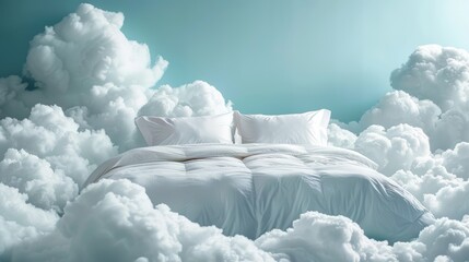 Peaceful bedroom setting featuring a comfortable bed surrounded by soft, fluffy clouds, ideal for a relaxing bedtime atmosphere
