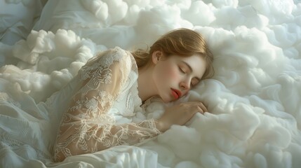 Peaceful scene of a young woman sleeping soundly on a cloud-soft bed, wrapped in an airy, fluffy blanket