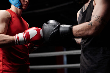 Cropped shot of two young muscular boxers in sportswear touching by their hands in boxing gloves...