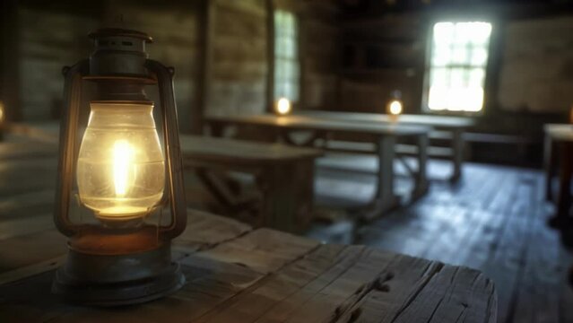 A flickering oil lamp illuminating the wooden interior of a oneroom schoolhouse the shadows revealing ghostly faces of students long gone. 2d flat cartoon.