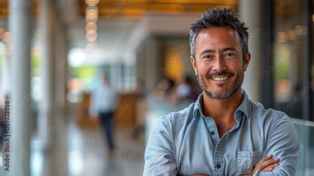 Poster man smiling in suit inside building