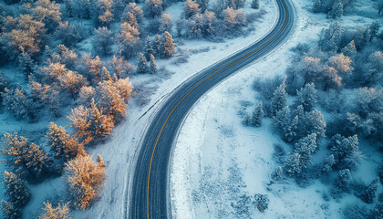 Winding road through snowy forest landscape