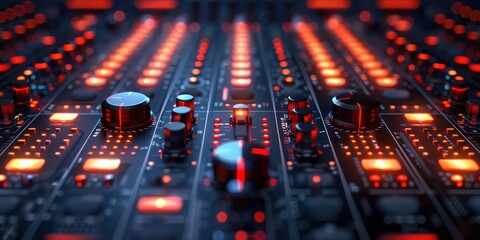 A close up of a sound mixer with red lights