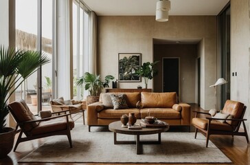 Inviting Living Room Warm Colored Furniture , couch and chair in a living room,  bay window, apartment