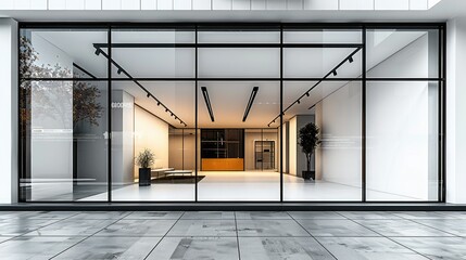 Storefront made of glass and black aluminum Inside a white, empty room on the side of the road for an example. Generative AI.