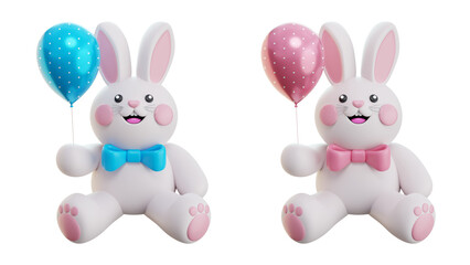 3D cute birthday white bunnies with pink and blue balloon