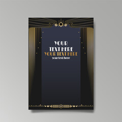 Modern Art Nuevo luxury template golden-black, A4 page, menu, card, invitation, lines flowers and city lights