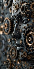 A dark steampunk style portrait of a woman made of gears and cogs.