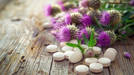 pills with milk thistle close-up selective focus