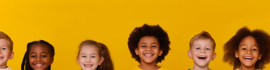Crianças juntas rindo no fundo amarelo - banner