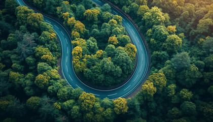 Curving road amidst lush green forest
