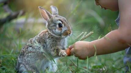 a child feeds a rabbit with a carrot