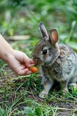 a child feeds a rabbit with a carrot