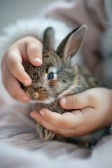 a child plays with a small rabbit in nature