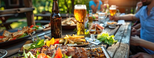 picnic table with barbecue, salad and beer