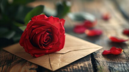 A red rose on a brown envelope.