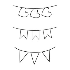Set flag different form with heart. Vector in Doodle style. Isolated pennants icon black line.