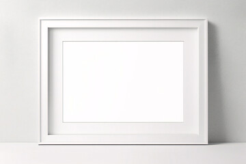 Fototapeta premium Weißer Rahmen lehnt auf weißem Boden im Innenmodell. Vorlage eines an einer Wand gerahmten Bildes 3D-Rendering