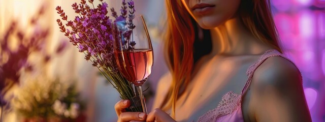a woman holds wine and a bouquet of lavender in her hands