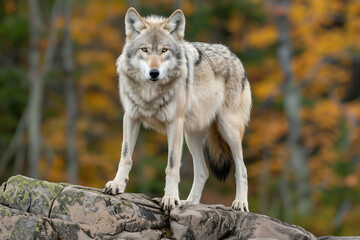 Photo of a gray wolf looking at camera The background is a forest. Gray wolf among the big trees