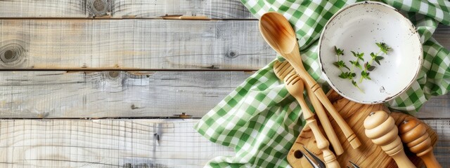 wooden spoon fork on wooden background top view