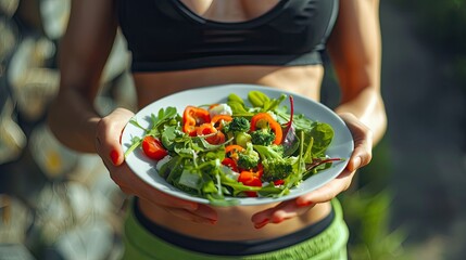 athlete girl holds a salad in a plate