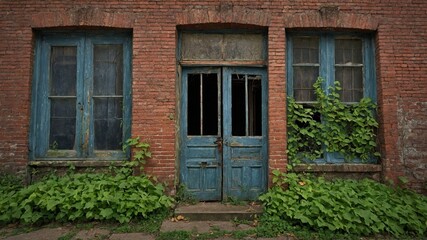 Fototapeta premium Weathered blue door, flanked by two windows with matching shutters, partially broken, revealing darkness within old brick building. Green foliage grows abundantly at base of structure.