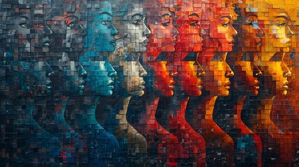 Colorful Pixelated Mosaic of Diverse Faces for Modern Art and NFT Concepts