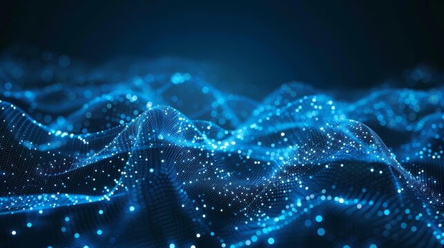 Abstract blue digital background with glowing dots and waves of data flowing in the air on dark blue background, AI technology concept