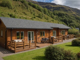 Fototapeta premium Wooden cabin, adorned with large windows, doors, nestles at foot of lush green hill. Cabins dark roof contrasts with verdant surroundings. Doors open to deck, equipped with chairs.