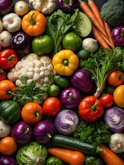 Variety of fresh vegetables displayed in abundance. Brightly colored bell peppers, red onions, carrots contrast with dark green zucchinis, broccoli. Cauliflower, garlic add touch of white.