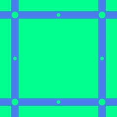 Green background with four perpendicular blue lines with simple dots design - obrazy, fototapety, plakaty