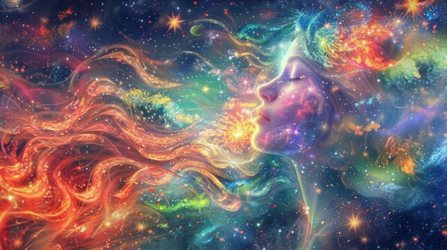 Ethereal Woman Merging with Vibrant Cosmic Nebula