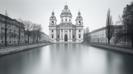 Fototapeta premium Serene View of St. Charles Church and Karlsplatz in Misty Vienna, Monochrome Architectural Photography