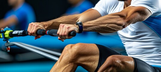 Rower s muscles flexing in power stroke  symbolizing strength in summer olympic games sport