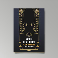 Modern Art Nuevo luxury template golden-black, A4 page, menu, card, invitation, lines flowers and city lights